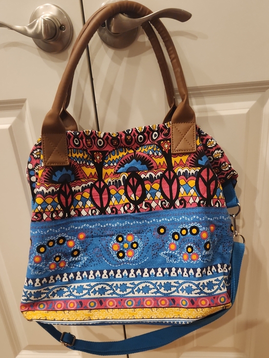 Handbags - Colorful Patterned Tote Bag with Blue Accents